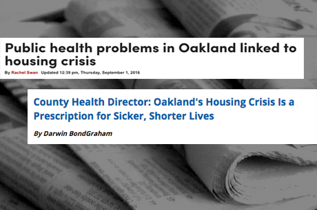News coverage on Oakland's housing crisis and its connection to health.