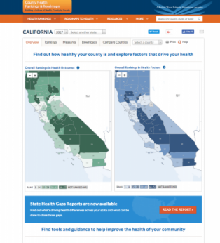 An example of the County Health Rankings and Roadmap tool for the state of California.