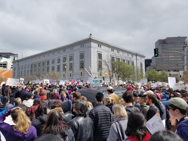Protesters gather at the March for Our Lives in San Francisco, holding signs that say "Books not Bullets," "Puns not Guns," and "I shouldn't have to die for my education." Photo courtesy of Katherine Schaff.