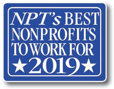 Image: Blue background, white font: "NPT's Best Nonprofits to Work For 2019"