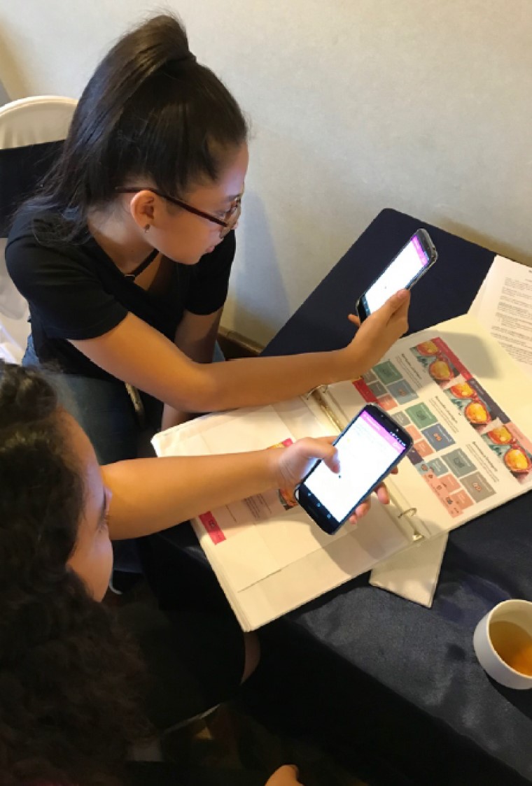 two female teenagers in smart phone researching data