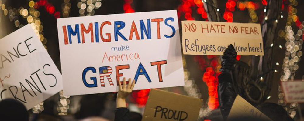 image: "immigrants are great" written on signs at protest