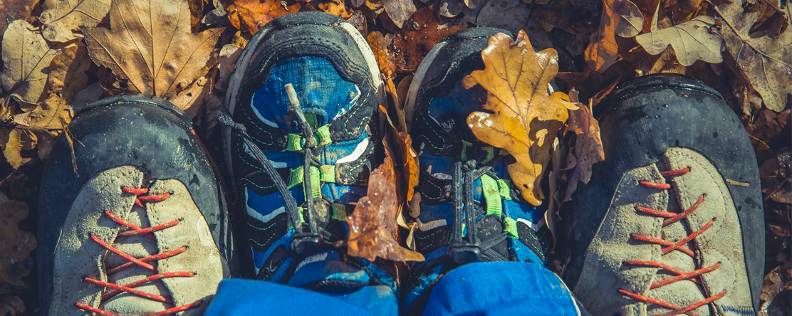 image: children-sized shoes in a pile of leaves