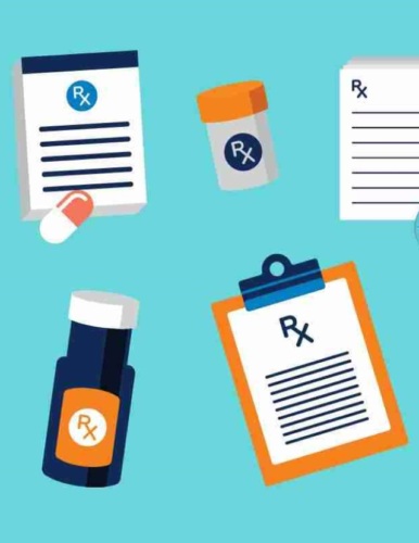 illustrated image with prescription pads and prescription bottles