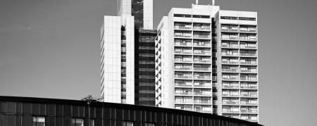 Buildings in the distance, black and white