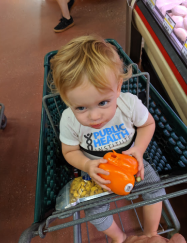 toddler in a shopping cart, eating an orange pepper, wearing a PHI onesie
