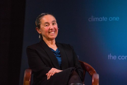 linda rudolph from waist up, sitting in chair, with climate one backdrop