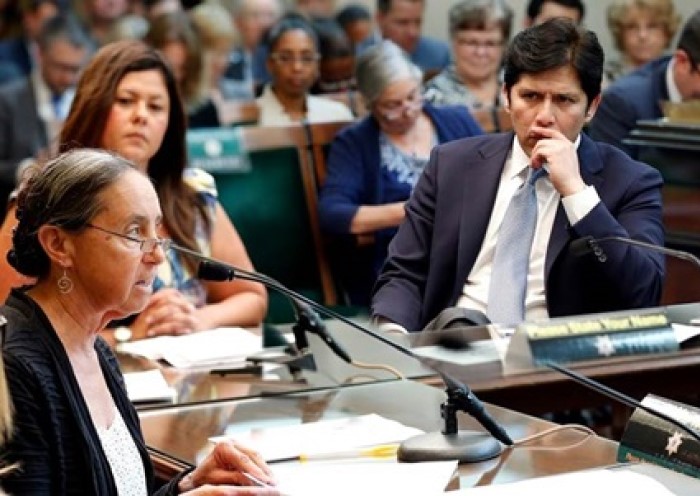 Linda Rudolph testifying at California legislative hearing, Kevin deLeon listens intently