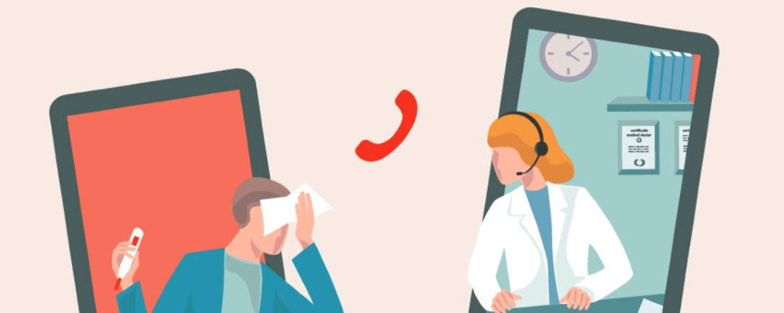 a drawing of a man in a phone looking ill while a doctor in another phone looks at him
