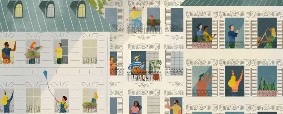 a drawing of active people seen through their apartment windows