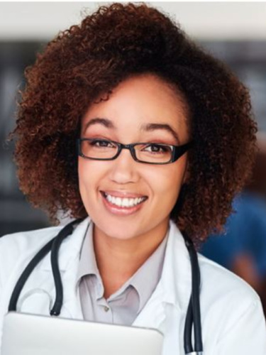 a young woman in a white lab coat and a stethoscope