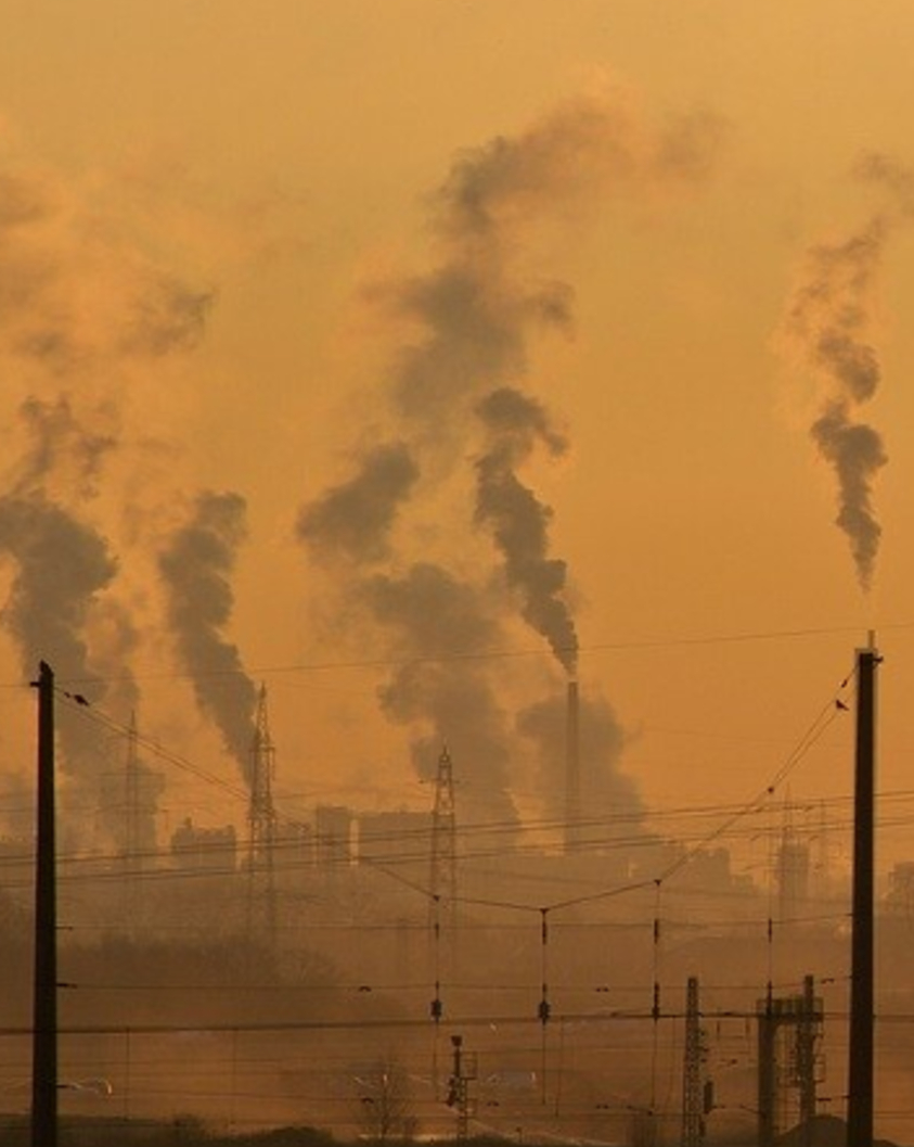 smoke pouring from smokestacks in a hazy field