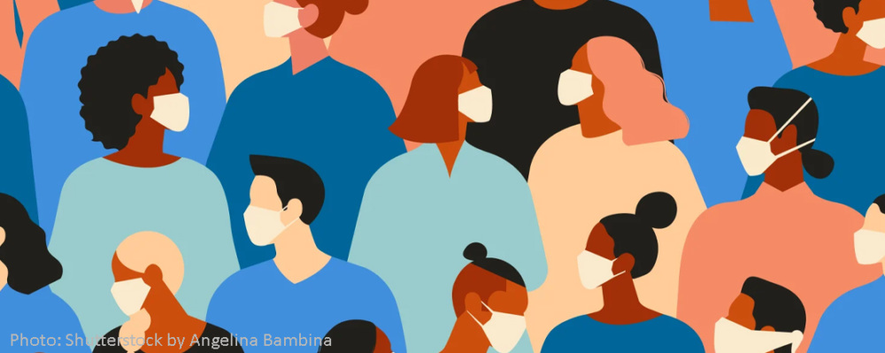 an illustration of many people wearing masks