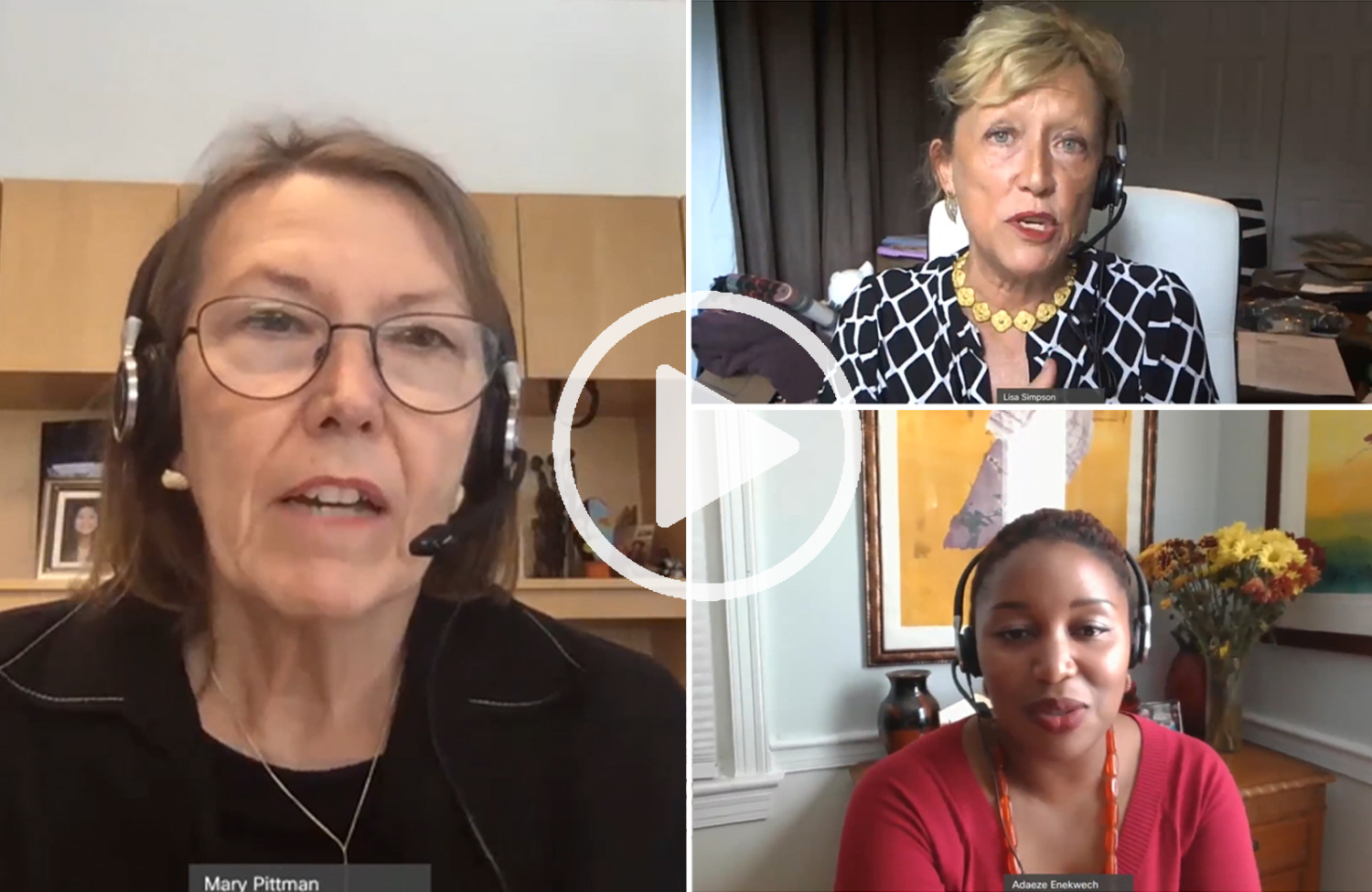 Video chat screenshot with Mary Pittman, Adaeze Enekwechi, and Lisa Simpson