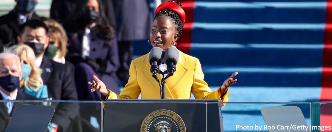 Youth Poet Laureate Amanda Gorman speaks at the inauguration of U.S. President Joe Biden on the West Front of the U.S. Capitol on January 20, 2021 in Washington, DC.