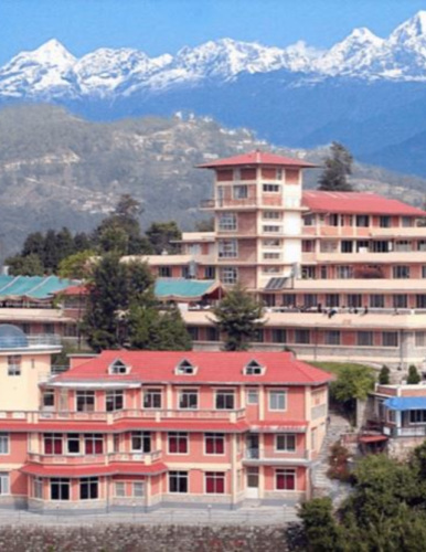Nepalese buildings with white-capped mountains in the background