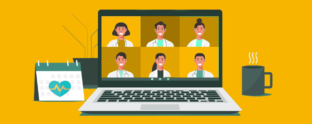 cartoon with laptop of doctors in a webinar