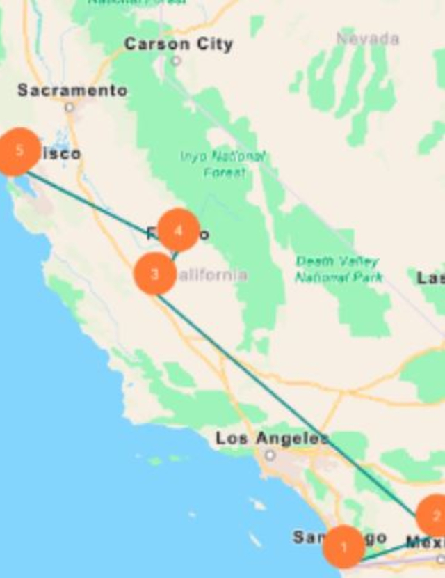 a section of a California map showing 5 dots connecting Tracking CA sites
