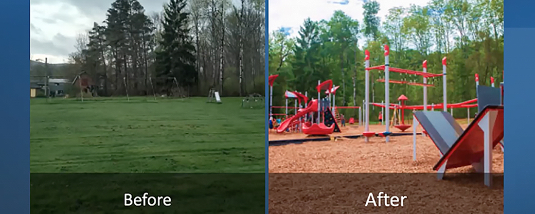 a before and after image of a park and a playground