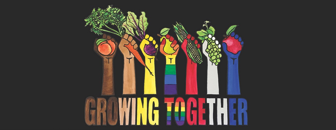 a drawing of brightly colored arms with fists raised holding fruit and vegetables over the brightly colored words "growing together"