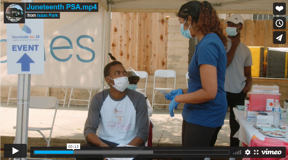 Screenshot from Juneteenth WeVax+ video of two people at a vaccine clinic