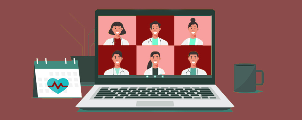 cartoon with laptop of doctors in a webinar