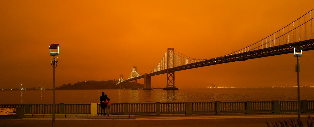 Orange sky over the San Francisco Bay Bridge due to the west coast wildfires