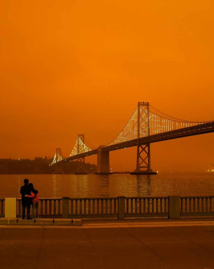 Orange sky over the San Francisco Bay Bridge due to the west coast wildfires