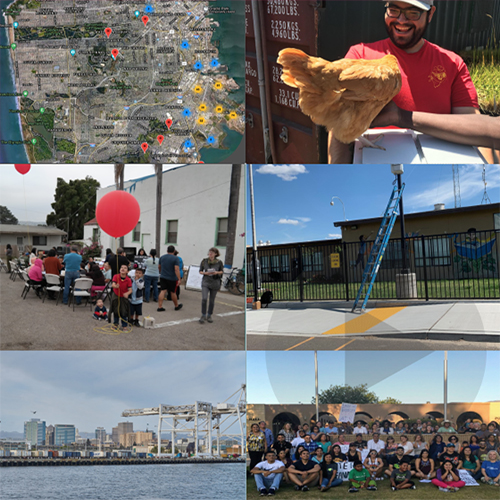 thumbnails of map, man with chicken, group outdoors, ladder resting on lamp, cirty of Oakland, group on grass