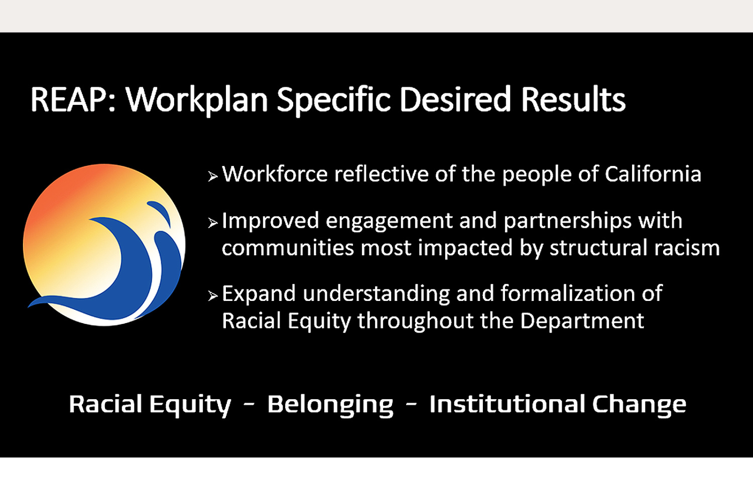 Slideshow of Racial Equity Action Plan Workplan Specified Desired Results