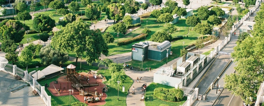 Aerial view of a park and city