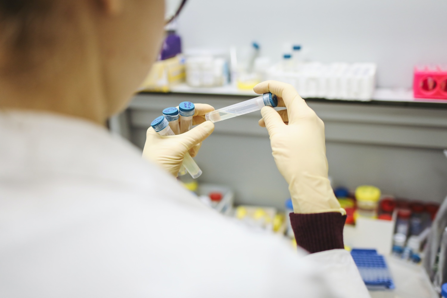 scientist looking at test tube of chemicals in lab