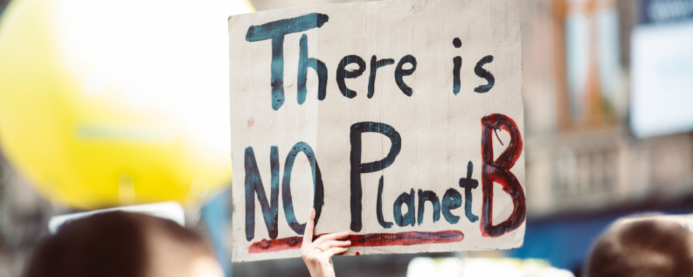Hand holding a protest sign: There is no Planet B