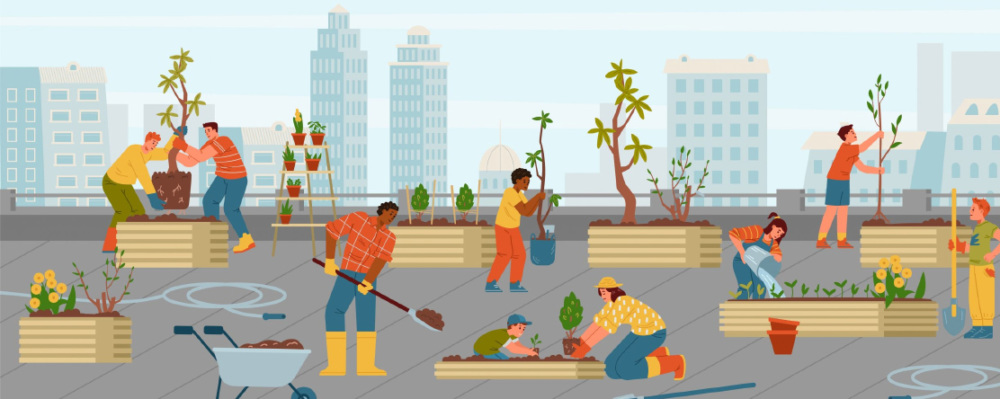 cartoon of community building rooftop garden