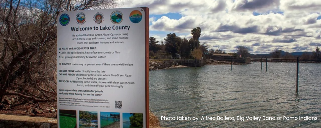 warning sign about blue-green algae in lake county, ca