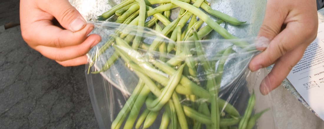 community member weighing green beans