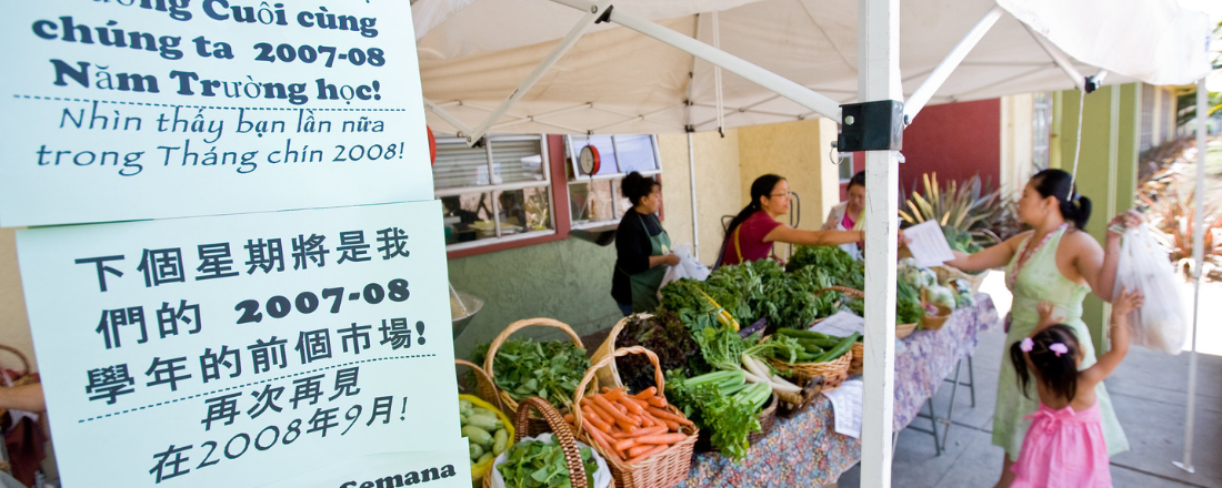 woman with child shopping at a farmers market