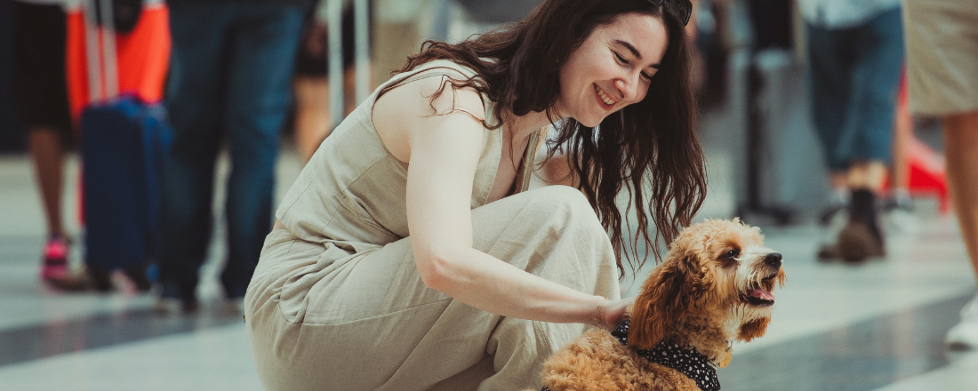 woman kneeling down to pet dog in public