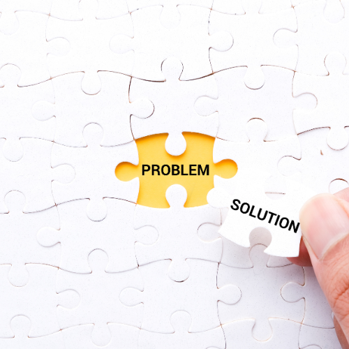 puzzle pieces with words "problem" and "solution"