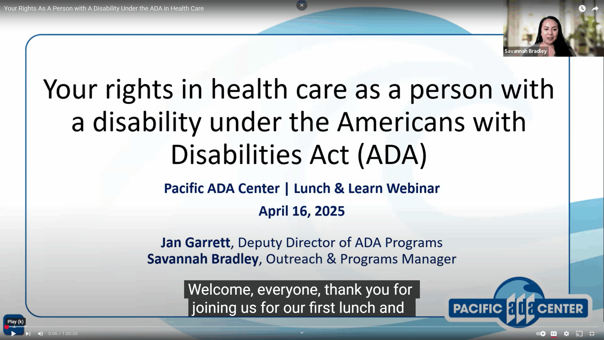 screenshot of webinar about Your Rights As A Person with A Disability Under the ADA in Health Care