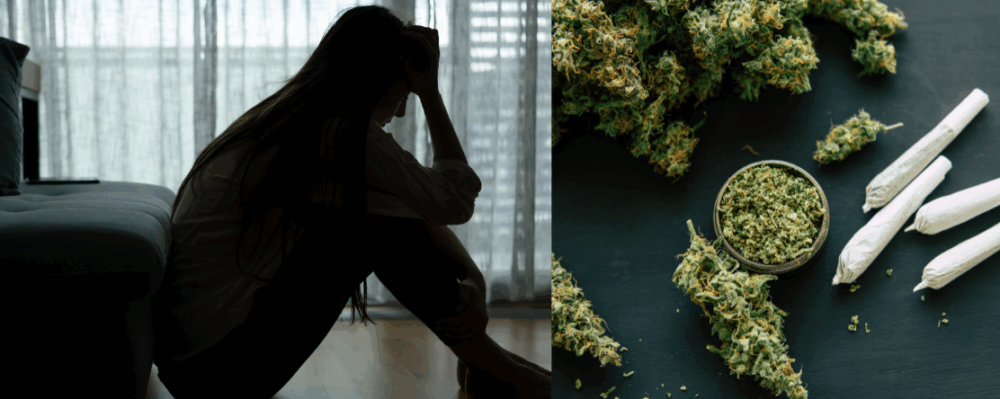 youth crouched on floor looking sad and cannabis