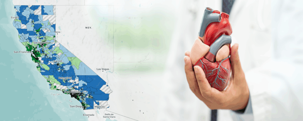 map of California with data points and doctor holding anatomically correct model of human heart