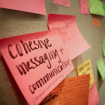 jamboard with post it notes that say cohesive messaging and communications
