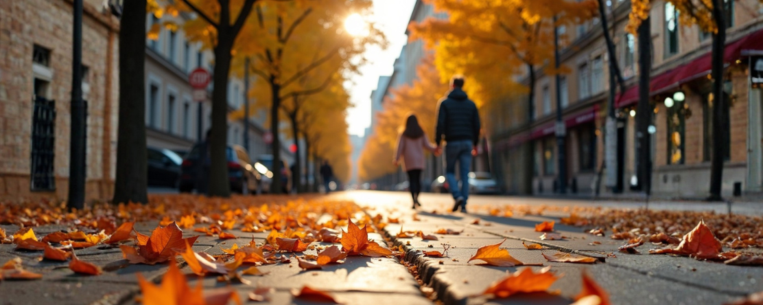father and daughter walking in town withe autumn leaves on the floor